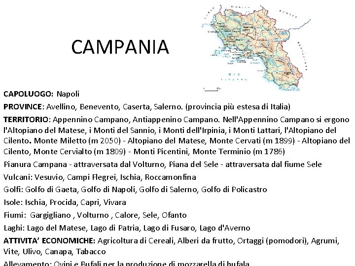 CAMPANIA CAPOLUOGO: Napoli PROVINCE: Avellino, Benevento, Caserta, Salerno. (provincia più estesa di Italia) TERRITORIO: