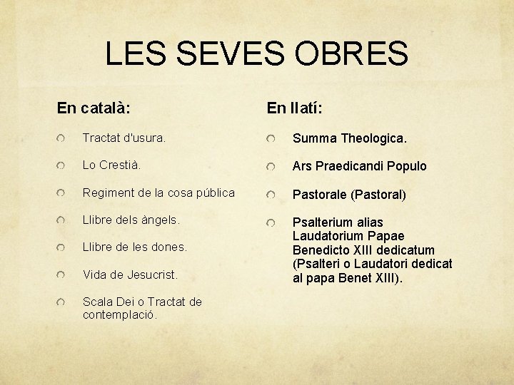 LES SEVES OBRES En català: En llatí: Tractat d'usura. Summa Theologica. Lo Crestià. Ars