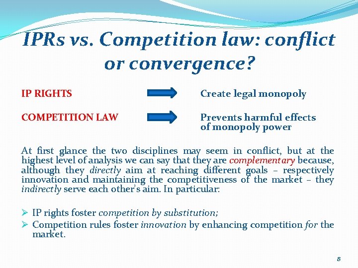IPRs vs. Competition law: conflict or convergence? IP RIGHTS Create legal monopoly COMPETITION LAW