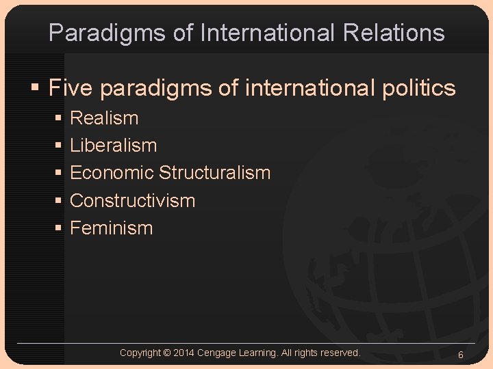 Paradigms of International Relations § Five paradigms of international politics § § § Realism