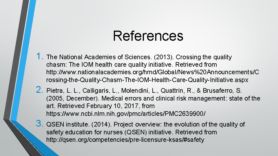 References 1. The National Academies of Sciences. (2013). Crossing the quality chasm: The IOM