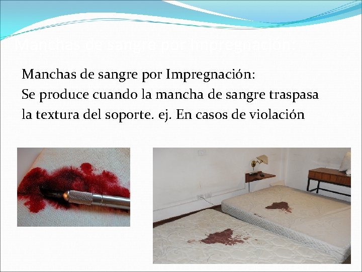 Manchas de sangre por Impregnación: Se produce cuando la mancha de sangre traspasa la Manchas de sangre por Impregnación: Se produce cuando la mancha de sangre traspasa la