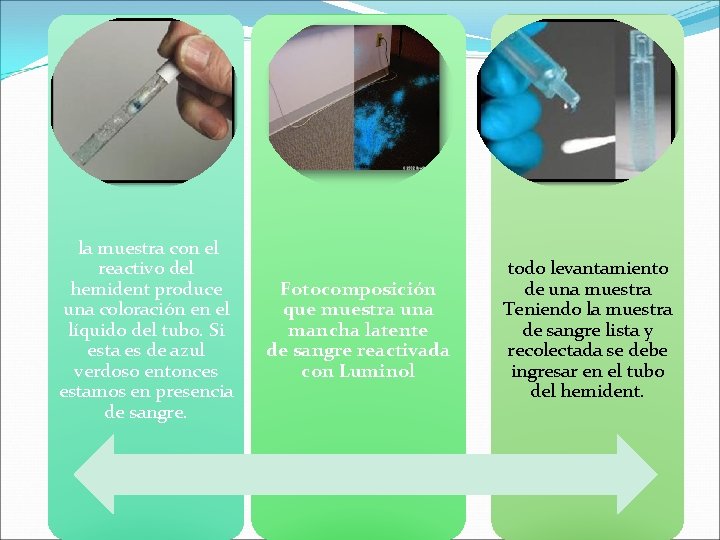 la muestra con el reactivo del hemident produce una coloración en el líquido del la muestra con el reactivo del hemident produce una coloración en el líquido del