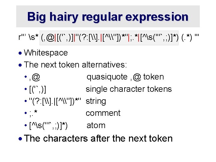 Big hairy regular expression r''’ s* (, @|[('`, )]|"(? : [\]. |[^\"])*"|; . *|[^s('"`,