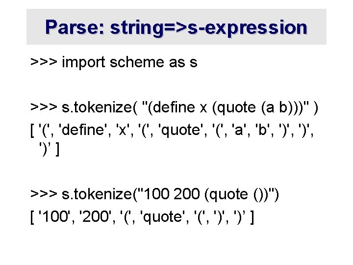 Parse: string=>s-expression >>> import scheme as s >>> s. tokenize( "(define x (quote (a