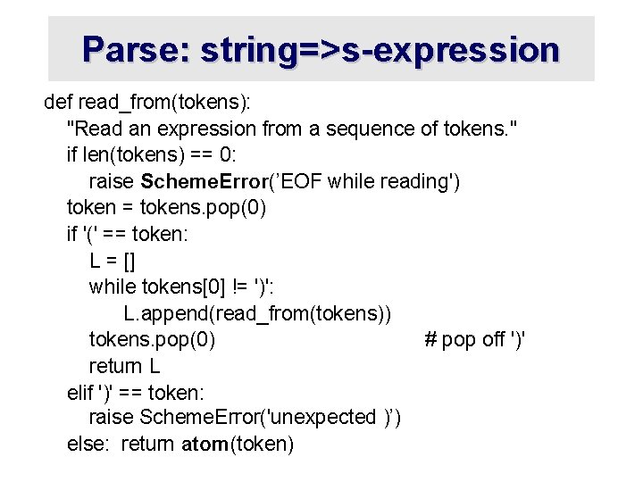 Parse: string=>s-expression def read_from(tokens): "Read an expression from a sequence of tokens. " if