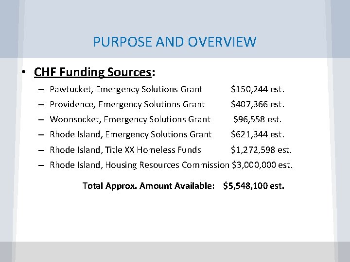 PURPOSE AND OVERVIEW • CHF Funding Sources: – Pawtucket, Emergency Solutions Grant $150, 244