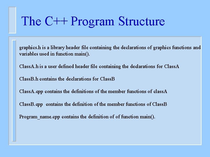 The C++ Program Structure graphics. h is a library header file containing the declarations