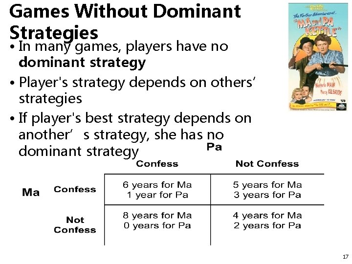 Games Without Dominant Strategies • In many games, players have no dominant strategy •