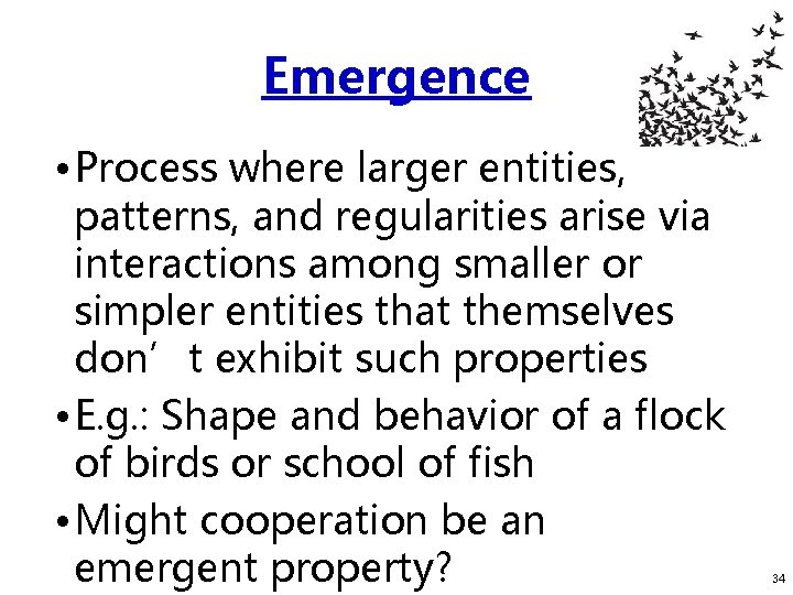 Emergence • Process where larger entities, patterns, and regularities arise via interactions among smaller