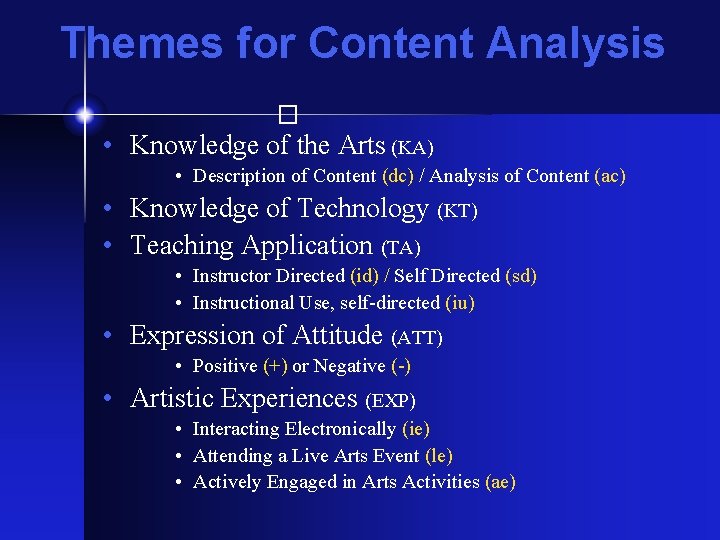 Themes for Content Analysis � • Knowledge of the Arts (KA) • Description of