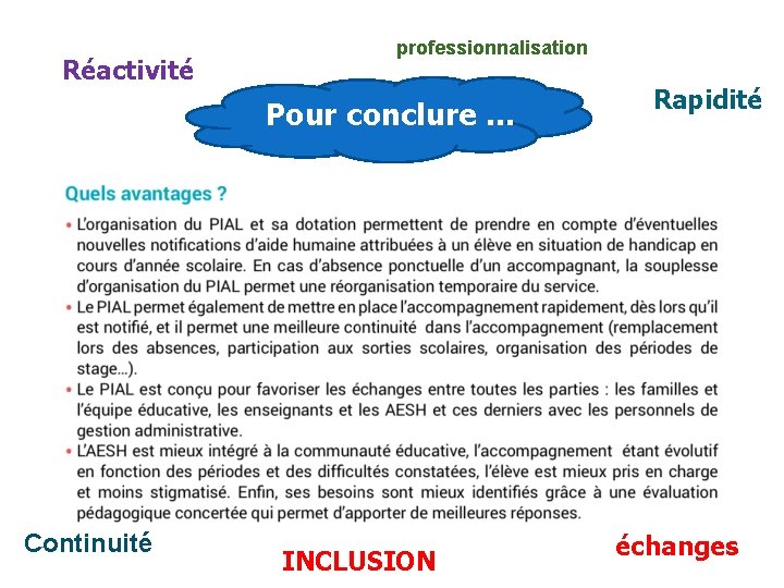 Réactivité professionnalisation Pour conclure … Continuité INCLUSION Rapidité échanges 