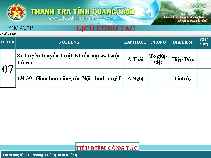 THÁNG 4/2015 LỊCH CÔNG TÁC Ồ CHÍ MINH” THỨ BA 07 NỘI DUNG LÃNH