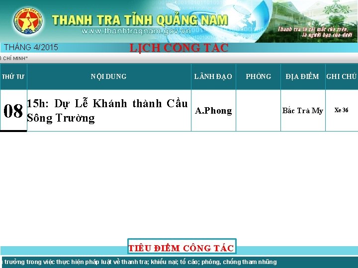 LỊCH CÔNG TÁC THÁNG 4/2015 Ồ CHÍ MINH” THỨ TƯ 08 NỘI DUNG LÃNH