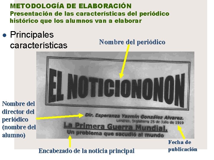 METODOLOGÍA DE ELABORACIÓN Presentación de las características del periódico histórico que los alumnos van