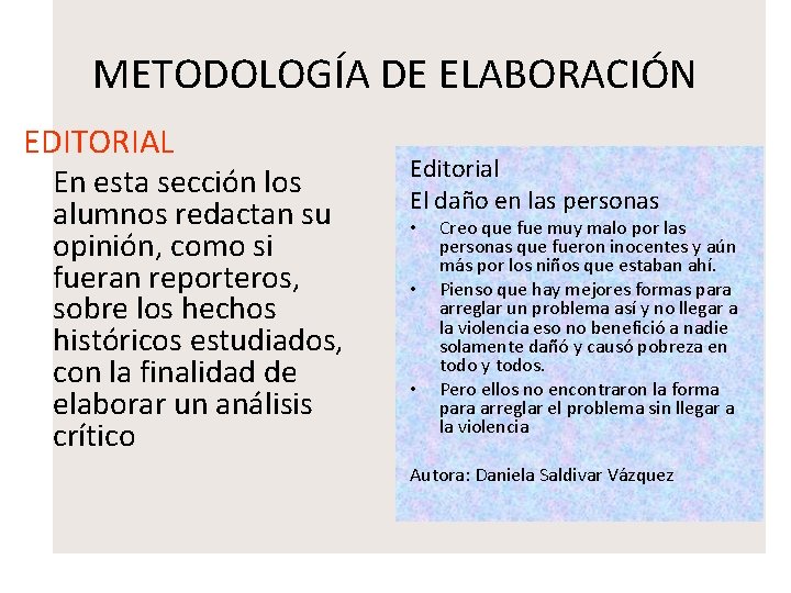 METODOLOGÍA DE ELABORACIÓN EDITORIAL En esta sección los alumnos redactan su opinión, como si