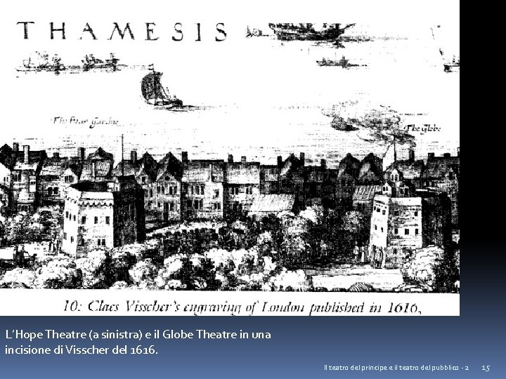 L’Hope Theatre (a sinistra) e il Globe Theatre in una incisione di Visscher del