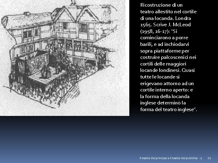 Ricostruzione di un teatro allestito nel cortile di una locanda. Londra 1565. Scrive J.