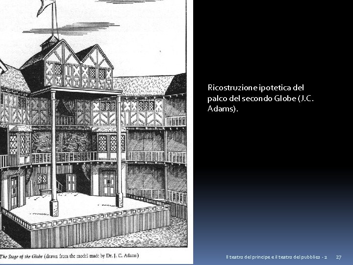 Ricostruzione ipotetica del palco del secondo Globe (J. C. Adams). Il teatro del principe