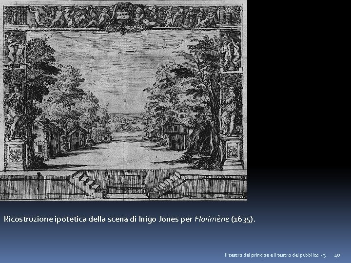 Ricostruzione ipotetica della scena di Inigo Jones per Florimène (1635). Il teatro del principe