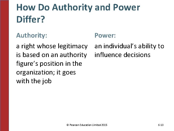 How Do Authority and Power Differ? Authority: Power: a right whose legitimacy an individual’s