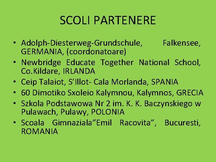 SCOLI PARTENERE • Adolph-Diesterweg-Grundschule, Falkensee, GERMANIA, (coordonatoare) • Newbridge Educate Together National School, Co. SCOLI PARTENERE • Adolph-Diesterweg-Grundschule, Falkensee, GERMANIA, (coordonatoare) • Newbridge Educate Together National School, Co.