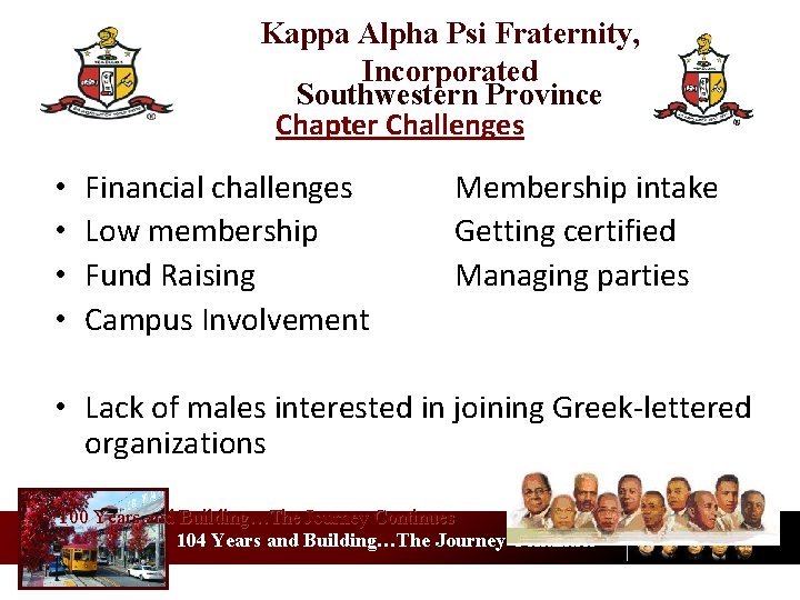 Kappa Alpha Psi Fraternity, Incorporated Southwestern Province Chapter Challenges • • Financial challenges Low