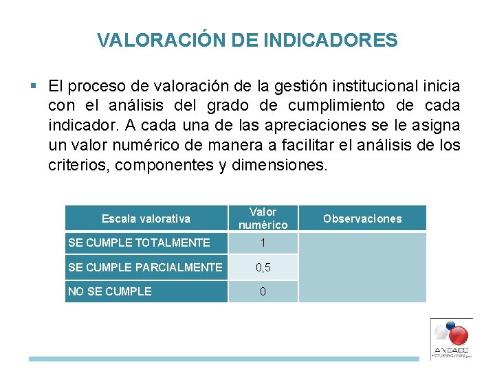 VALORACIÓN DE INDICADORES § El proceso de valoración de la gestión institucional inicia con