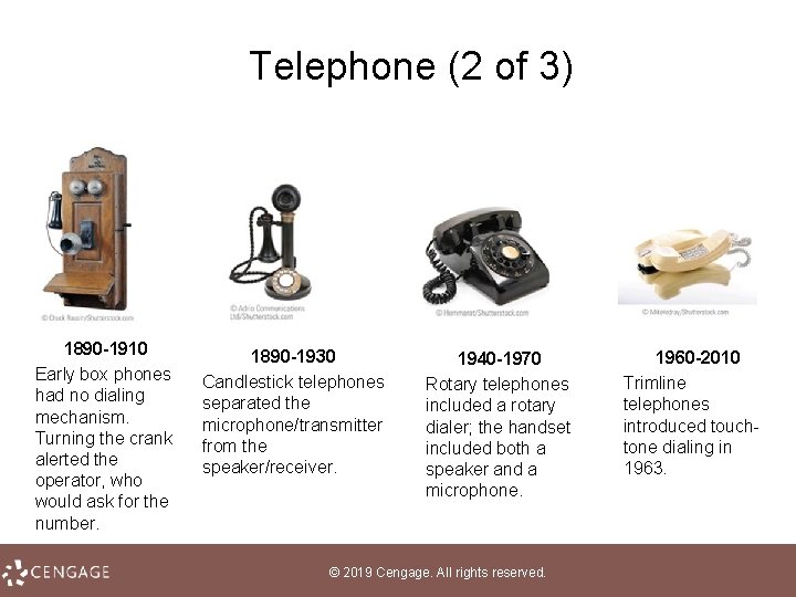 Telephone (2 of 3) 1890 -1910 Early box phones had no dialing mechanism. Turning