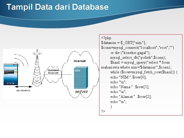 Tampil Data dari Database <? php $datanim = $_GET["nim"]; $conn=mysql_connect("localhost", "root", "") or die