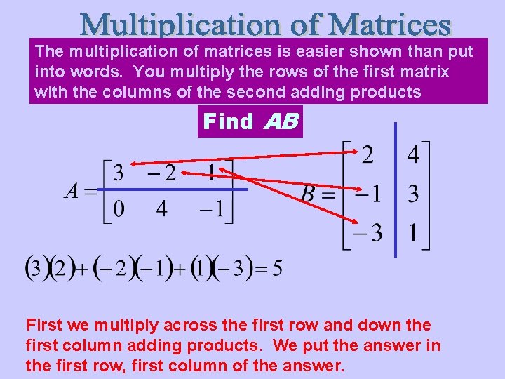 The multiplication of matrices is easier shown than put into words. You multiply the