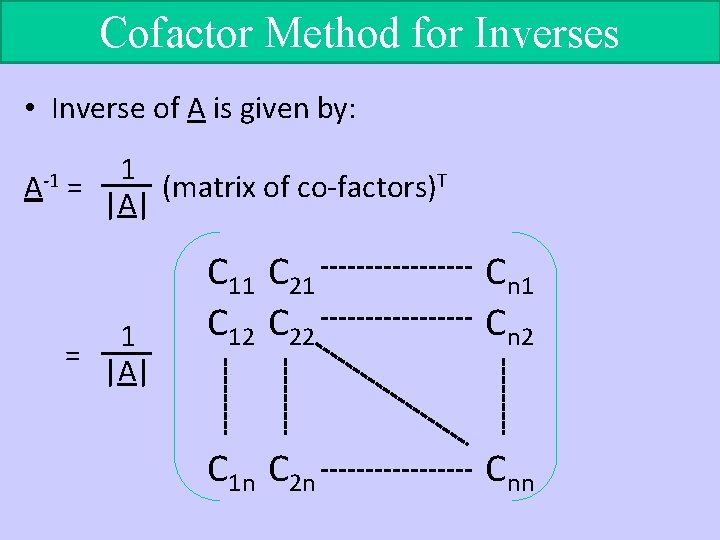 Cofactor Method for Inverses • Inverse of A is given by: A-1 1 =