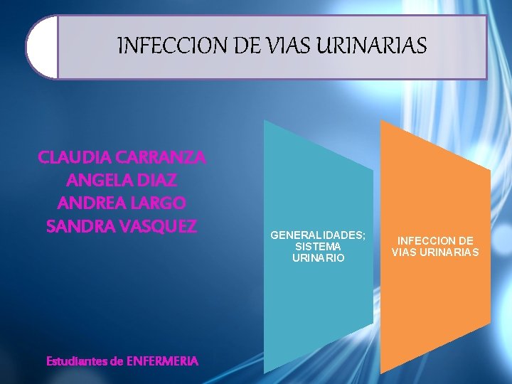 INFECCION DE VIAS URINARIAS CLAUDIA CARRANZA ANGELA DIAZ ANDREA LARGO SANDRA VASQUEZ Estudiantes de