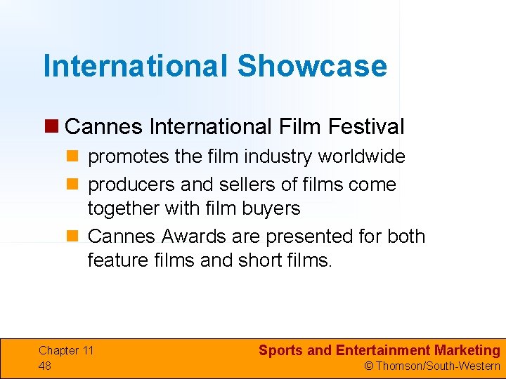 International Showcase n Cannes International Film Festival n promotes the film industry worldwide n