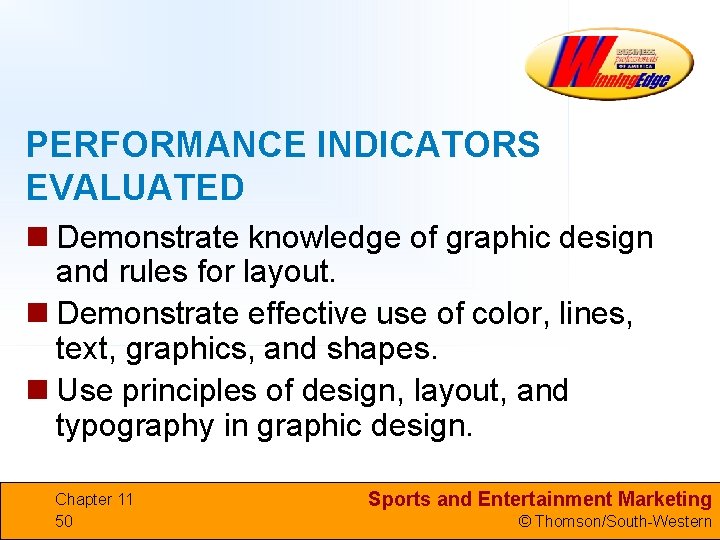 PERFORMANCE INDICATORS EVALUATED n Demonstrate knowledge of graphic design and rules for layout. n