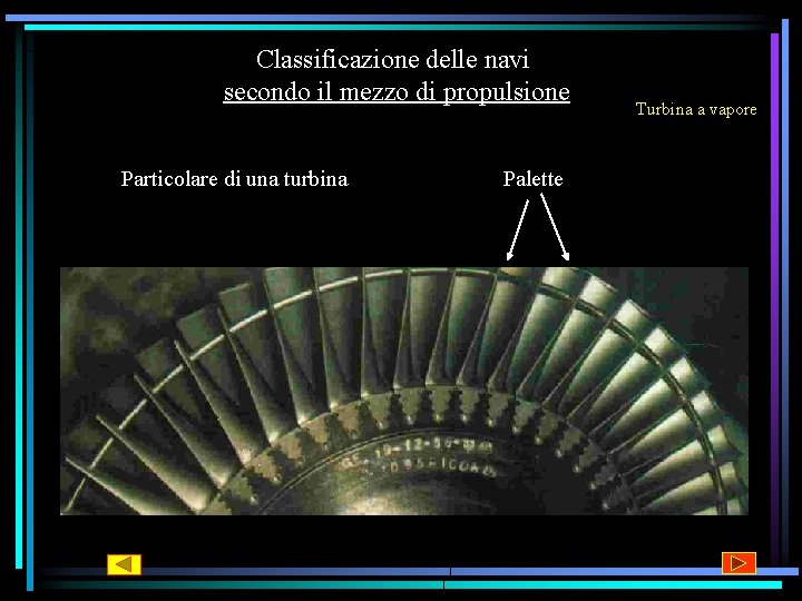 Classificazione delle navi secondo il mezzo di propulsione Particolare di una turbina Palette Turbina Classificazione delle navi secondo il mezzo di propulsione Particolare di una turbina Palette Turbina
