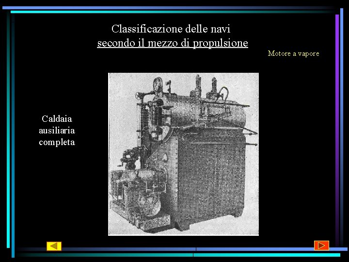 Classificazione delle navi secondo il mezzo di propulsione Motore a vapore Caldaia ausiliaria completa Classificazione delle navi secondo il mezzo di propulsione Motore a vapore Caldaia ausiliaria completa
