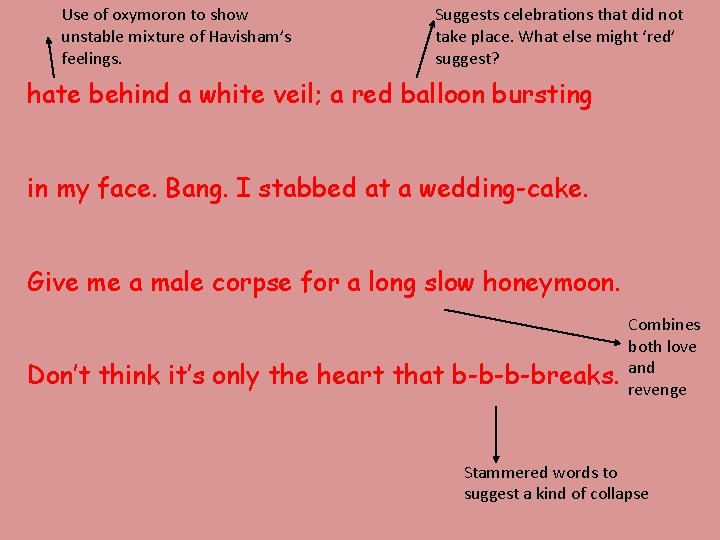 Use of oxymoron to show unstable mixture of Havisham’s feelings. Suggests celebrations that did