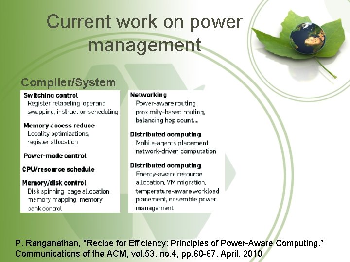 Current work on power management Compiler/System P. Ranganathan, "Recipe for Efficiency: Principles of Power-Aware Current work on power management Compiler/System P. Ranganathan, "Recipe for Efficiency: Principles of Power-Aware