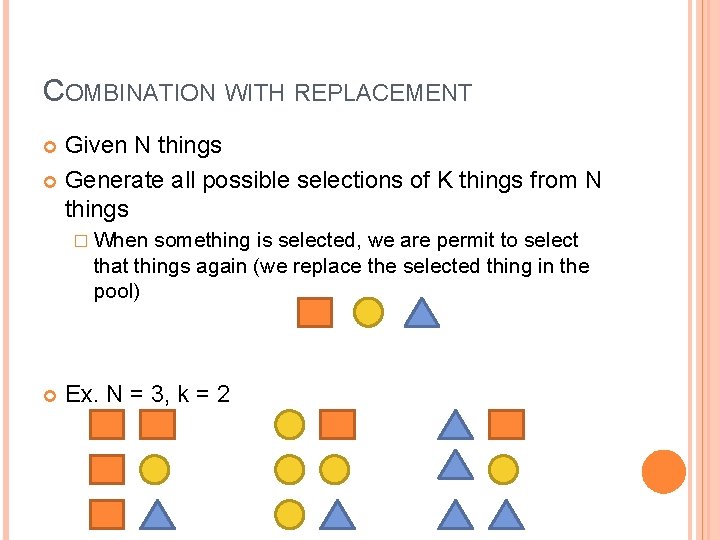 COMBINATION WITH REPLACEMENT Given N things Generate all possible selections of K things from