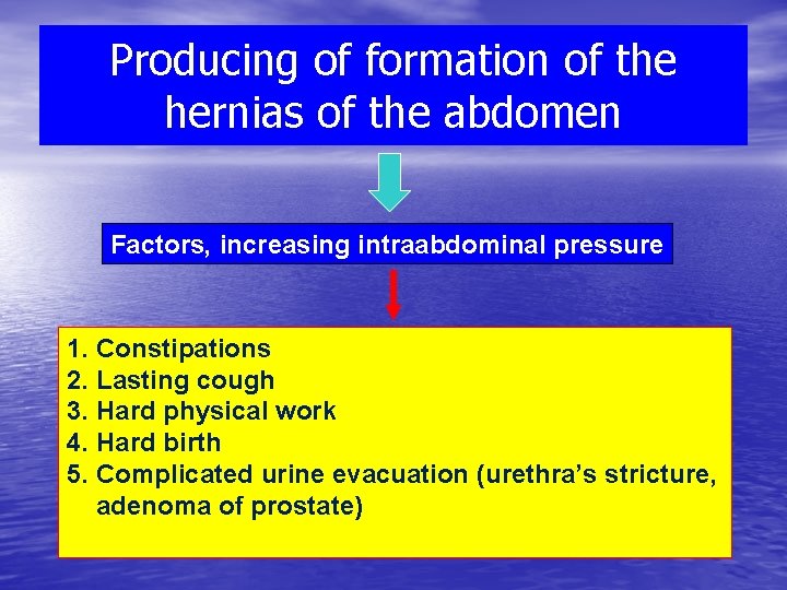 Producing of formation of the hernias of the abdomen Factors, increasing intraabdominal pressure 1.