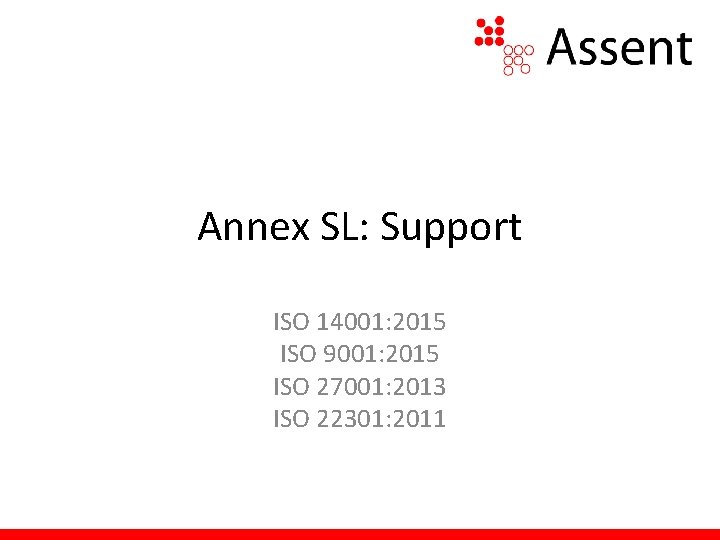 Annex SL: Support ISO 14001: 2015 ISO 9001: 2015 ISO 27001: 2013 ISO 22301: