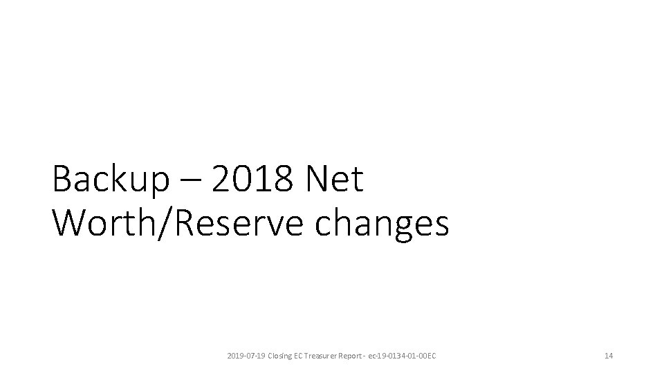 Backup – 2018 Net Worth/Reserve changes 2019 -07 -19 Closing EC Treasurer Report -
