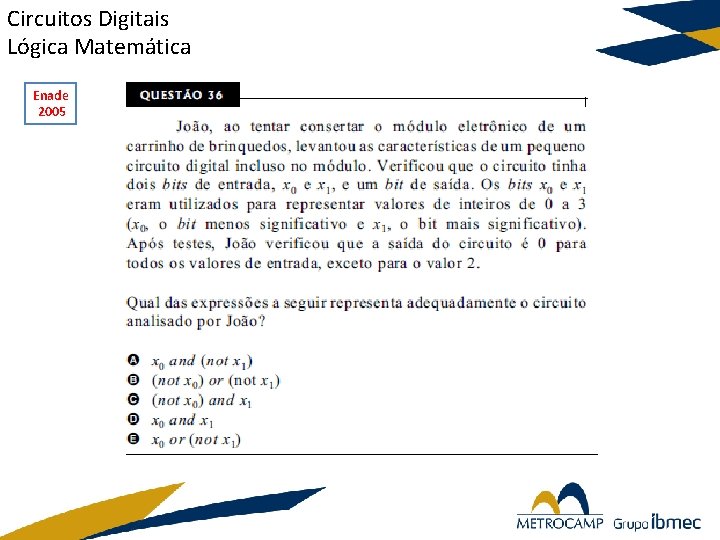 Circuitos Digitais Lógica Matemática Enade 2005 