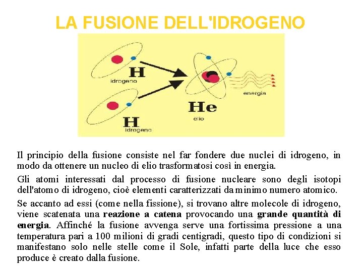 LA FUSIONE DELL'IDROGENO Il principio della fusione consiste nel far fondere due nuclei di