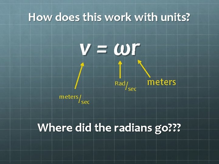 How does this work with units? v = ωr Rad/ meters/ sec meters sec