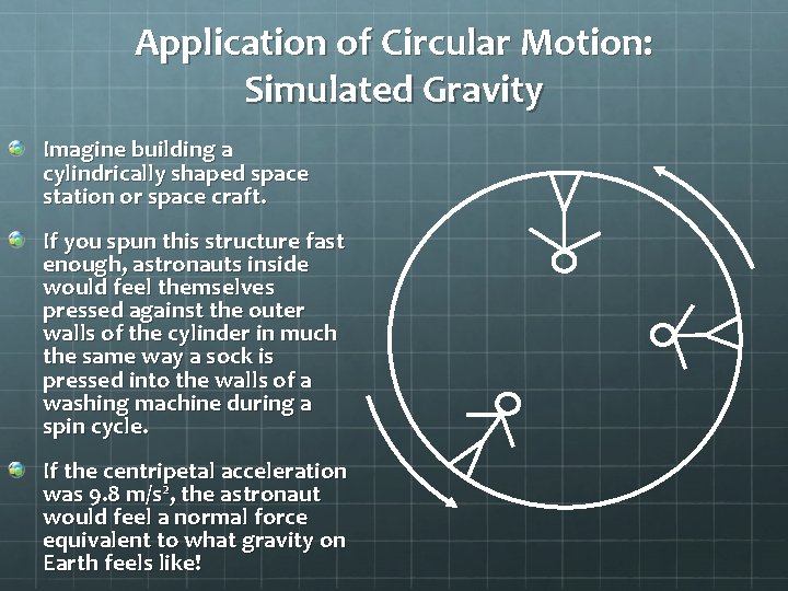 Application of Circular Motion: Simulated Gravity Imagine building a cylindrically shaped space station or