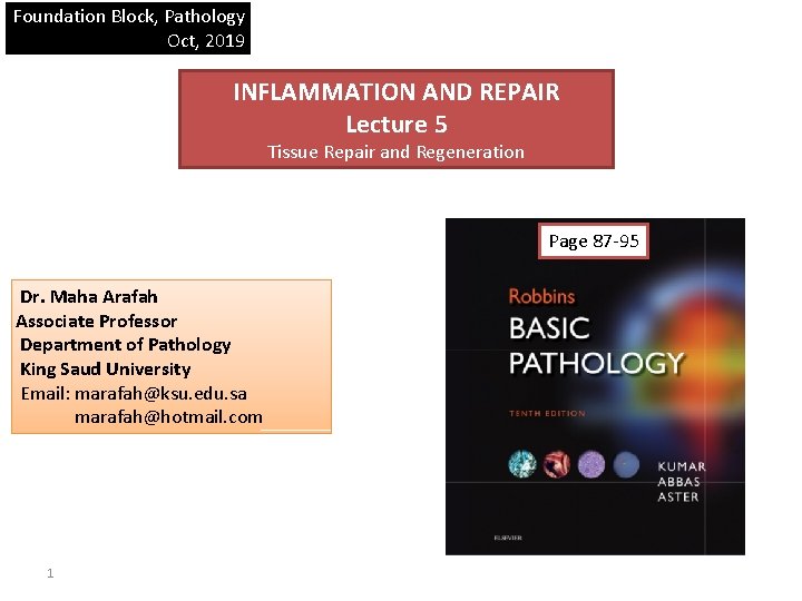 Foundation Block, Pathology Oct, 2019 INFLAMMATION AND REPAIR Lecture 5 Tissue Repair and Regeneration