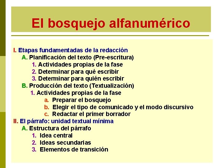 El bosquejo alfanumérico I. Etapas fundamentadas de la redacción A. Planificación del texto (Pre-escritura)