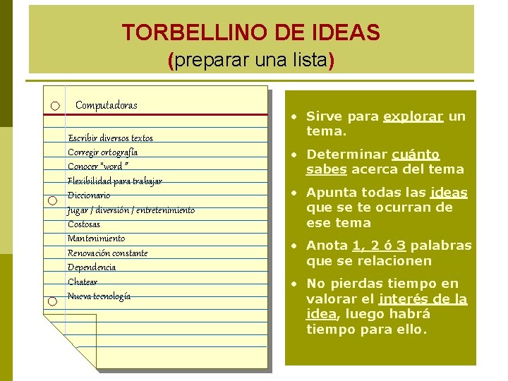 TORBELLINO DE IDEAS (preparar una lista) Computadoras Escribir diversos textos Corregir ortografía Conocer “word”